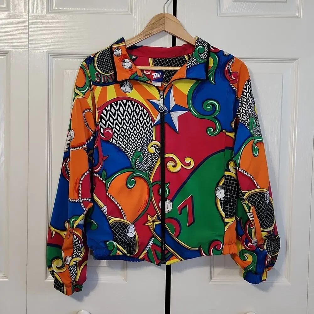 Vintage Tail Women's Vibrant Multi-colored Tennis Print Full Zip Jacket Size Med - Picture 1 of 14